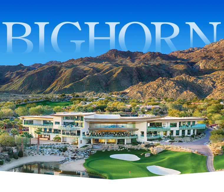 The Bighorn Golf Club clubhouse with the Santa Rosa mountains behind it